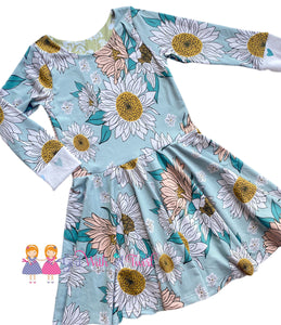 Blue Daisy Sunflower Toddler Dress, Fall Dress